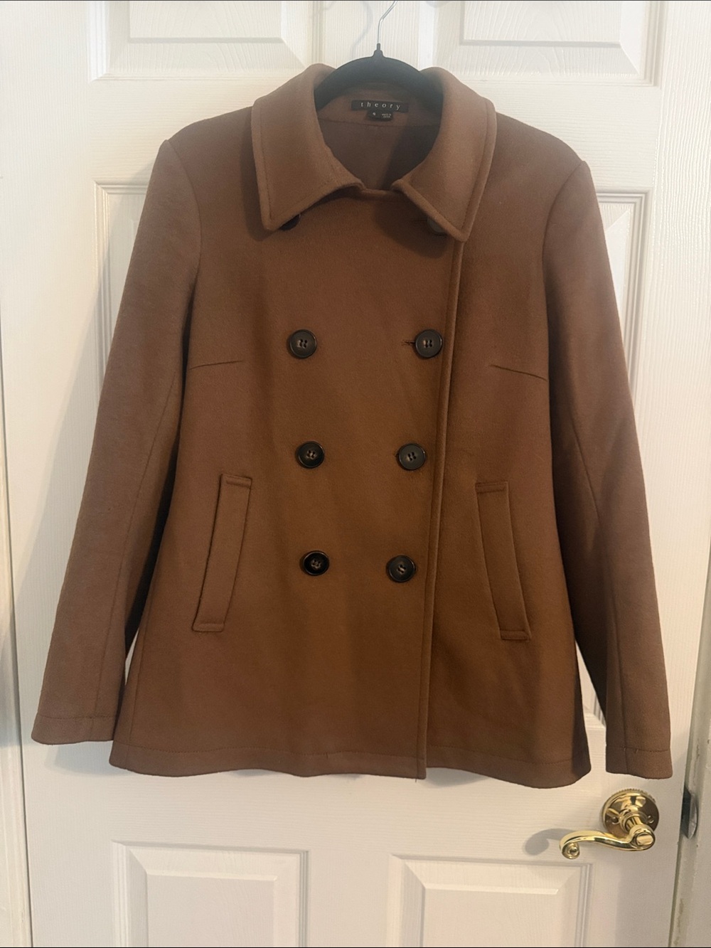 Theory Katarina Explorer Brown Virgin Wool Double Breasted Coat Sz Small